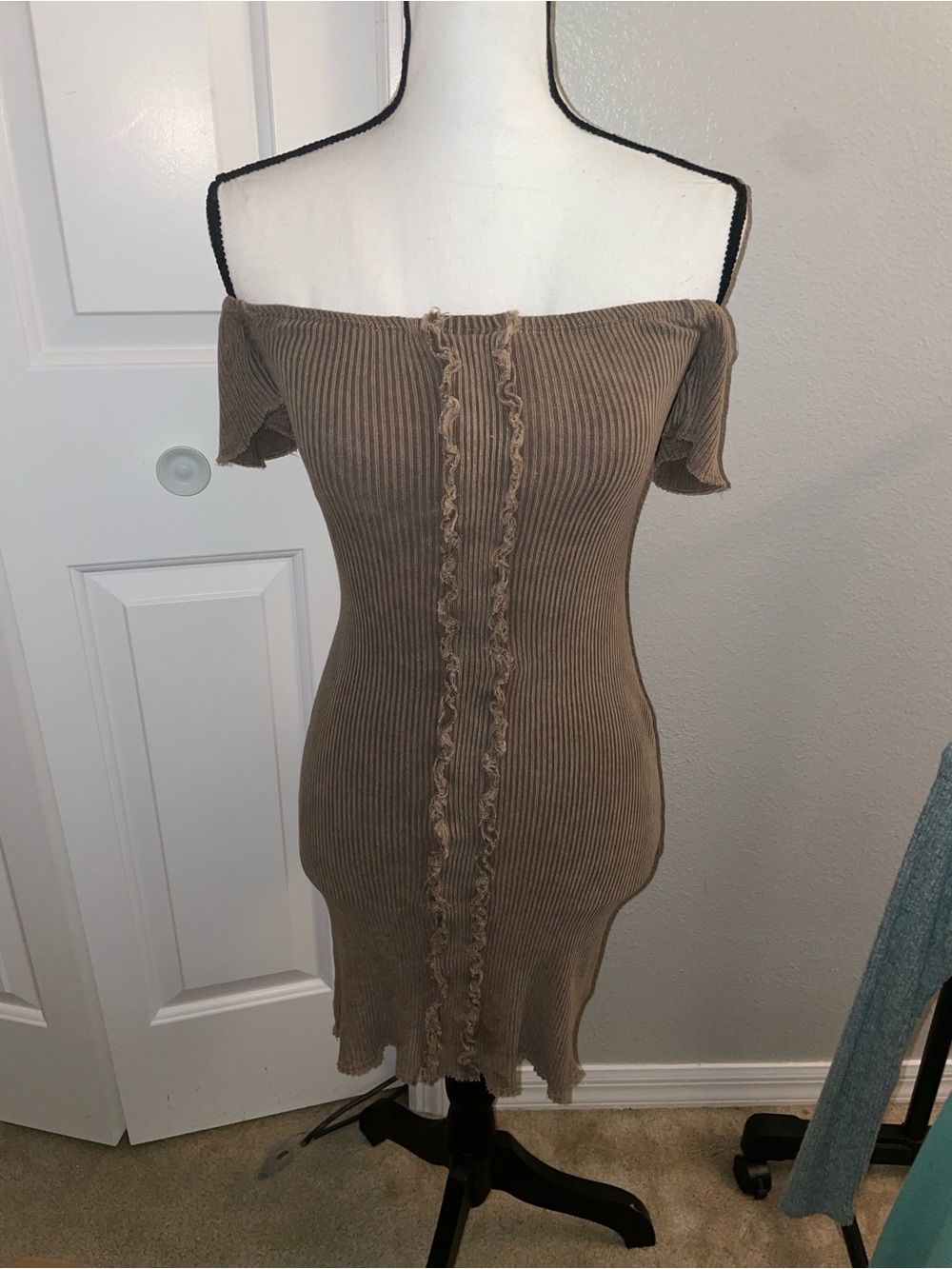 Fashion Nova Off-Shoulder Ribbed Mini Dress in Taupe